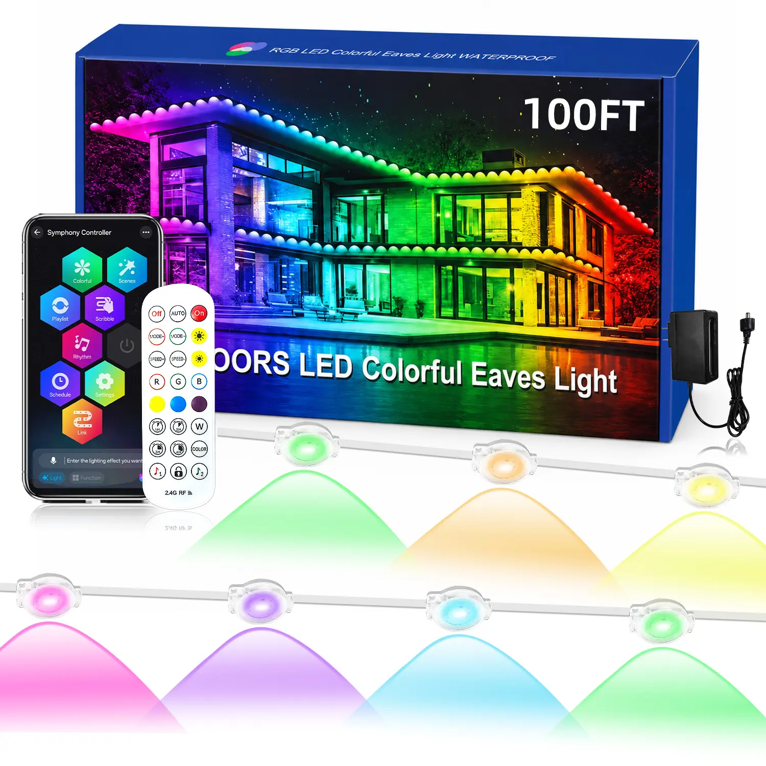 Yocrostar RGBPro-IC Permanent Outdoor Eaves LED String Lights, IP67 Waterproof, Smart App & RF Remote Control Rainbow Strips, Dimmable RGB Stripe, Adjustable LEDs, Colorful Decor for House Yard