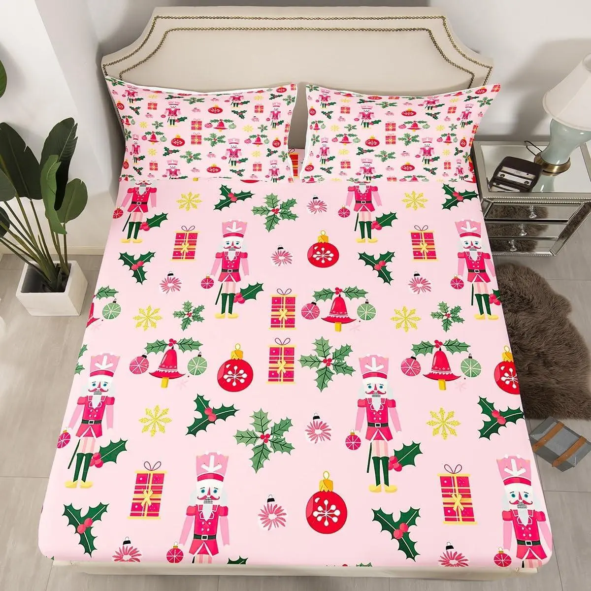 Feelyou Christmas Pink Nutcracker Bedding Set - Cute Royal Guard Fitted Sheet with Deep Pockets, Xmas Snowflake Decor Gift (No Top Sheet), Bed Sheet Set