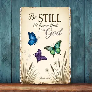 2D Flat Psalm 46:10 Scripture Tin Sign - "Be Still & Know That I Am God" Metal Wall Art, Vintage Faith Hanging Decor, Waterproof Rustproof Iron Plaque for Home Church