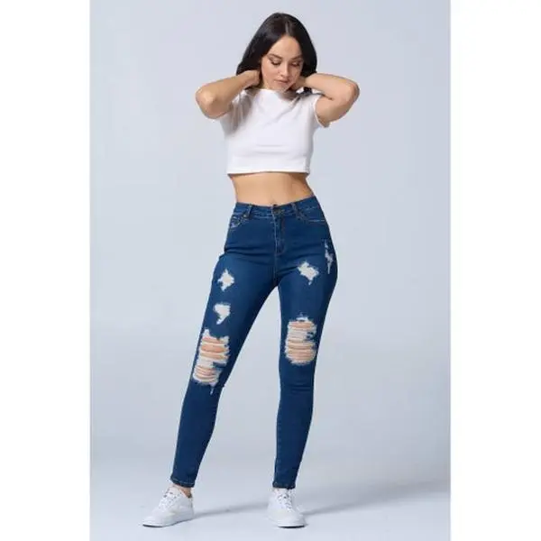 Distressed High Rise Skinny Jeans Extreme Stretch Dark Blue High Waist