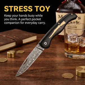 Damascus Folding Knife With Solid Wood Handle - Vintage Style EDC Pocket Tool And Fidget Toy