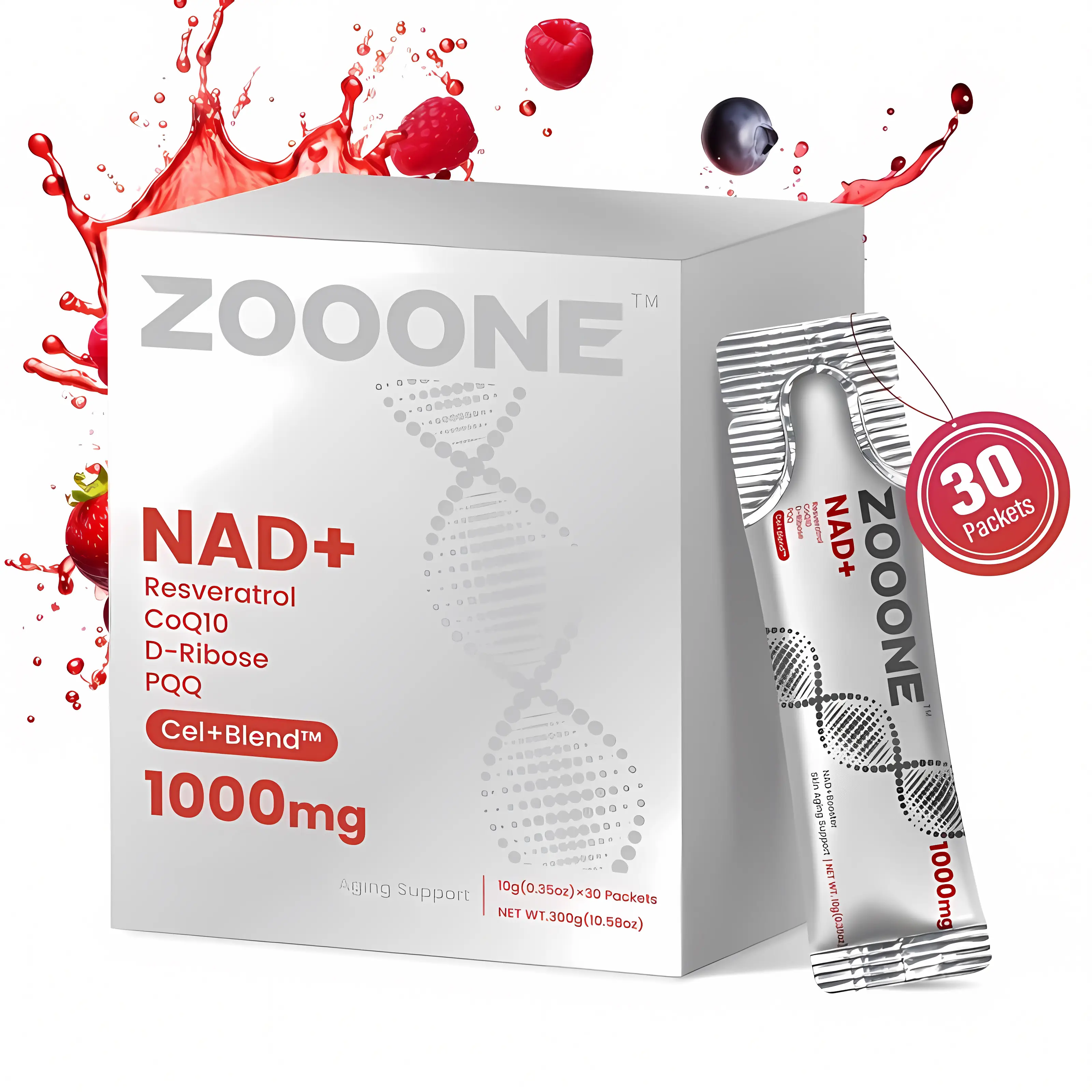 [Flash Sales] ZOOONE NAD+ Berry Flavor Drink Mix 1000mg for Skin Aging Energy & Focus Support 30 Pack US Healthcare Beverage with Resveratrol CoQ10 D-