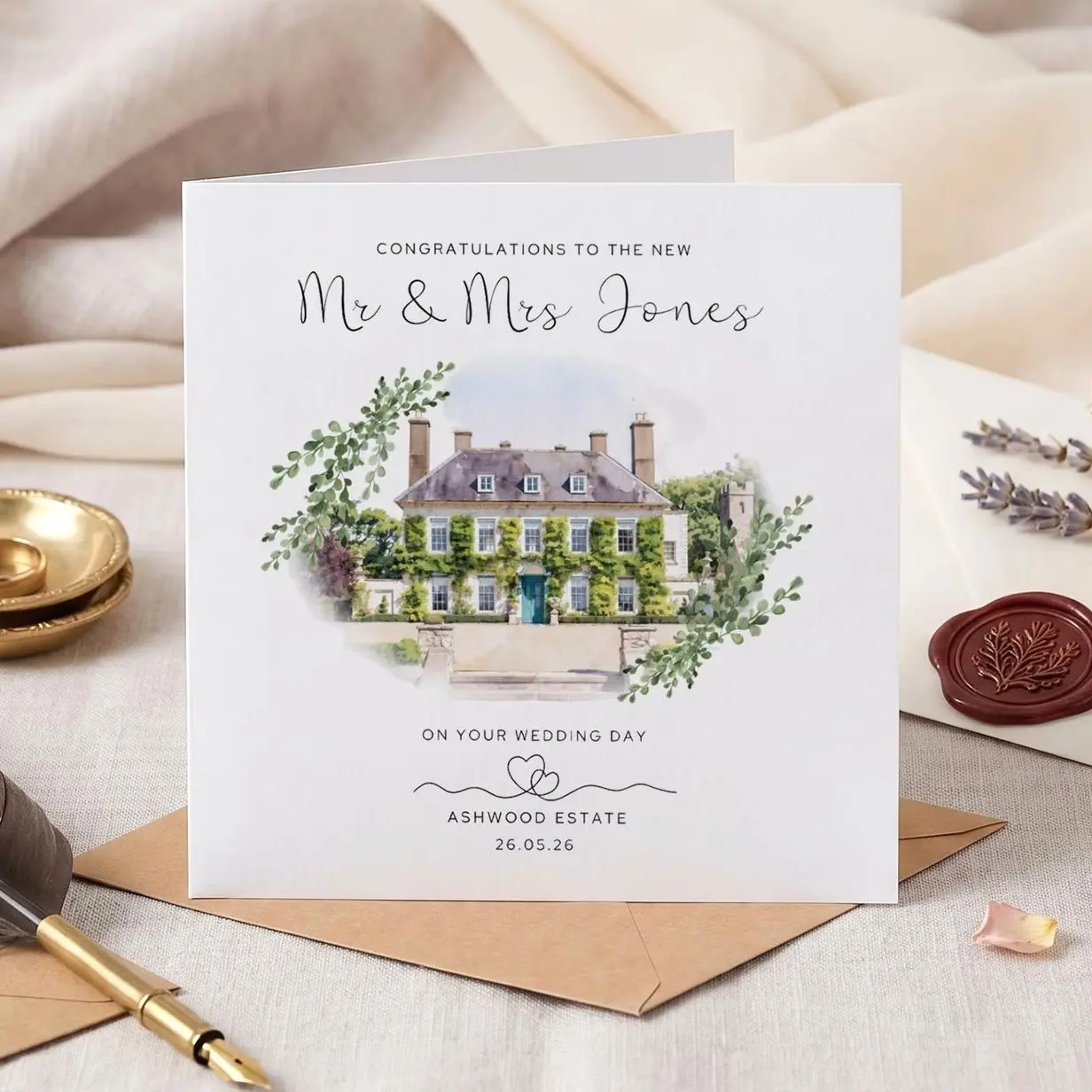 Personalized Wedding Card, Custom Couple Card, Romantic Engagement Gift, Keepsake Greeting Card for Newlyweds, Elegant Floral House Portrait
