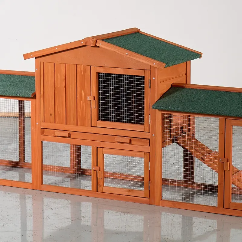 Large Outdoor Mesh Rabbit Hutch - 2-Story Fir Wood Predator-Proof Weather-Safe Pen with Spacious Run, Waterproof Asphalt Roof, Pull-Out Tray, Comfortable Ramp, Lockable Doors, Easy Access for Small Animals (Brown & Green)