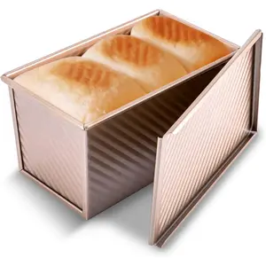 Gold Carbon Steel Pullman Loaf Pan with Lid, 1 lb Dough Capacity, Non-Stick Corrugated Bread Toast Mold for Home Baking
