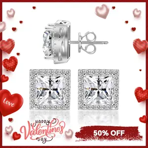 Delzzad S925 Princess Halo Synthetic Moissanite Stud Earring Daily Costume Jewelry Accessories Perfect Birthday Wedding Anniversary Gifts for Women Wedding Set Hypoallergenic Party