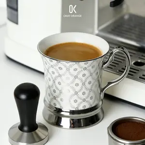 Elegant Vintage Bone China Coffee Cup, Silver Color Cutout Pattern, Metal Handle Design, Luxurious Tea Cup for Home Office, Perfect Gift for Her