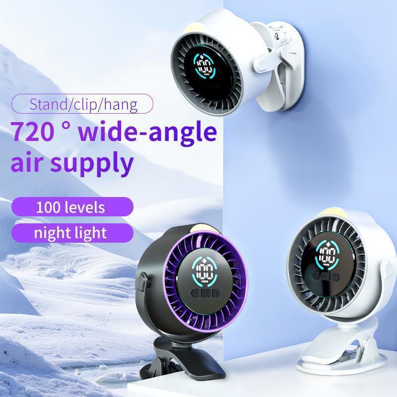 USB Rechargeable Mini Desk Fan, LED Display 100 Speed Settings Clip Fan, Wall Mount Small Office Fan, Quiet 36dB, Type-C Charging
