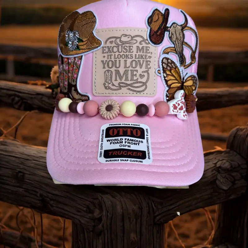 OTTO World Famous Trucker Hat - Excuse Me It Looks Like You Love Me Baby Pink with Bead Detail and Cowboy Theme Design