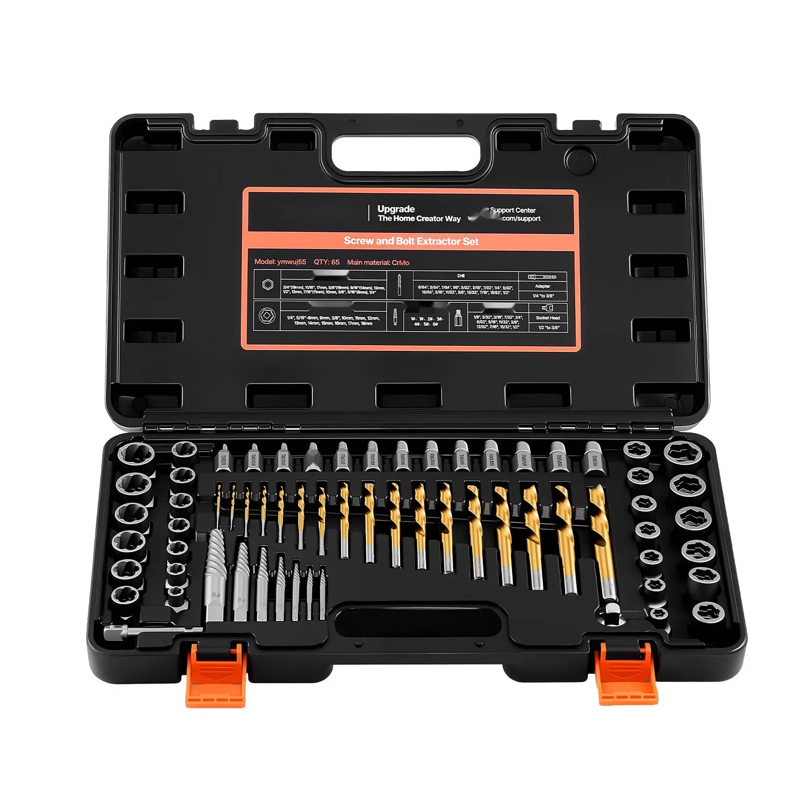 Screw Extractor and Drill Bit Set, 65-Piece Kit With Nut and Bolt Extractors, Adapters, and Durable Storage Case, Cr-Mo Steel Construction For Removing Rounded, Broken, or Stripped Fasteners In Automotive and Machinery