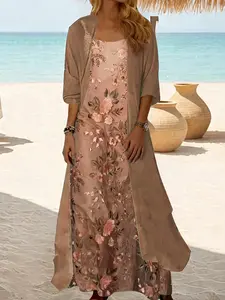 Plus Size Women's Fashion Ethnic Print Two-Piece Set, Mesh Strap Long V-Neck Dress, Elegant Cross-Border Export Clothing