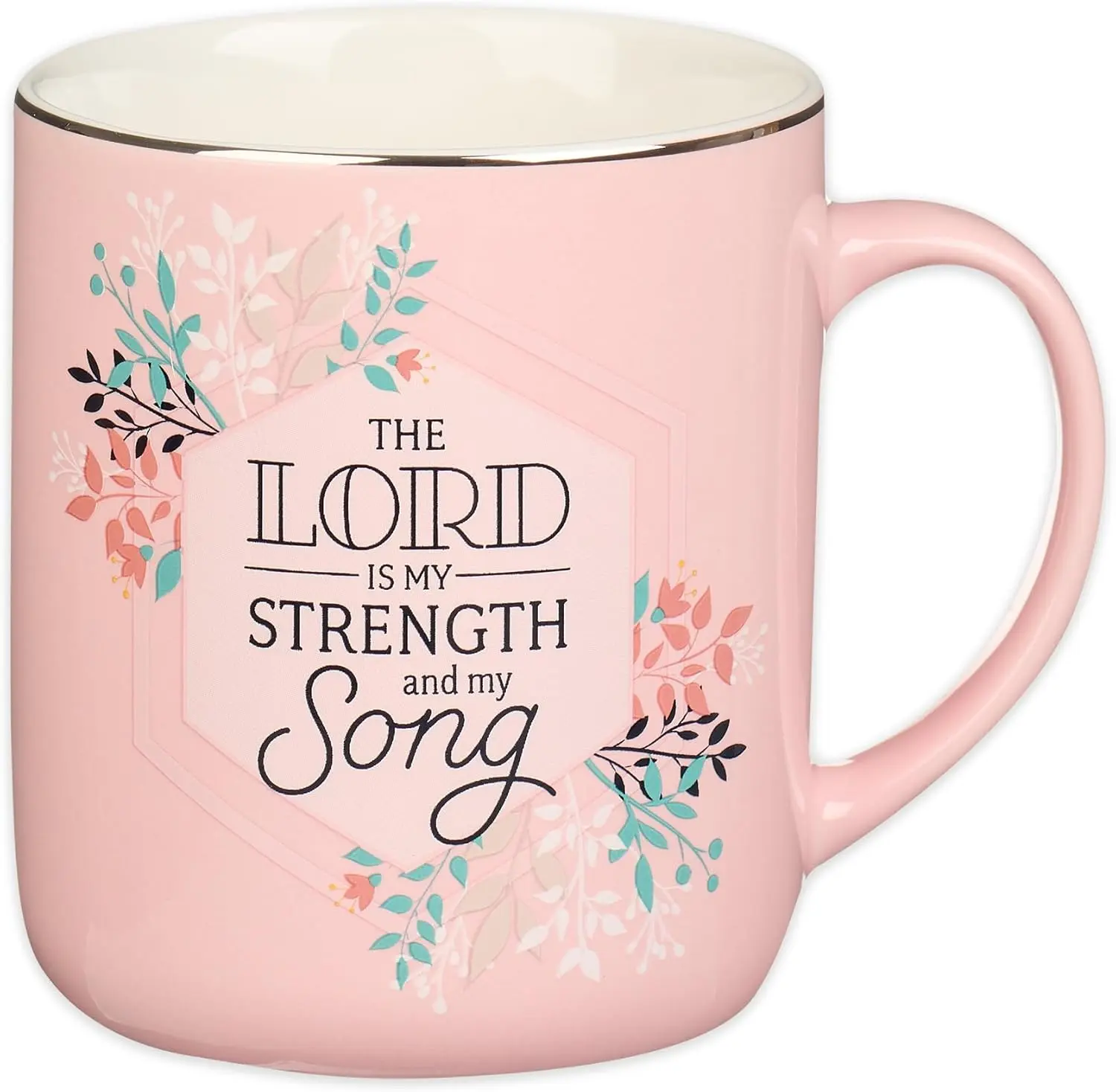Large, 14 oz Ceramic Scripture Coffee &  Mug for Women: The Lord is My Strength - Psalm 118:14 Inspirational  Verse,  Drinkware w/ Rim, Pink Floral