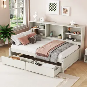 [Bellemave]Twin Size Bed Frame With Side Bookshelves, Two Drawers, And Built-in USB Port For Creamy White Color