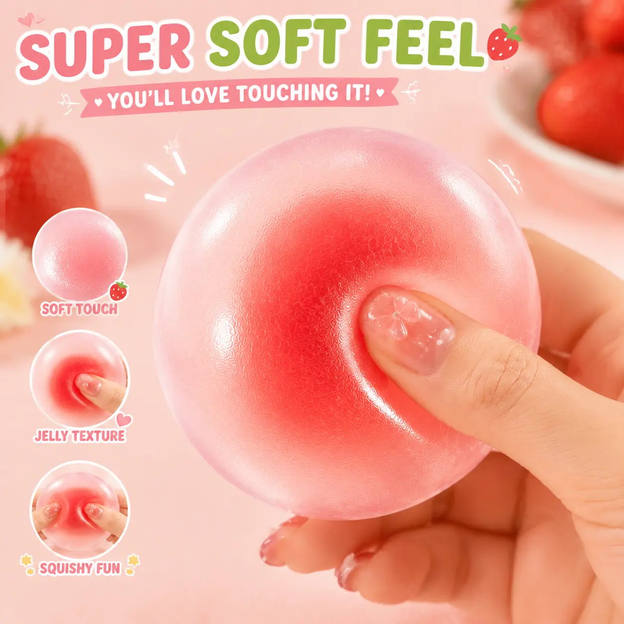1pc Strawberry Squeeze Toy, Strawberry Mochi Soft Rubber Toy, Stress Relief Squishy, a moldable stress-relief toy that offers an ASMR experience, suitable for both children and adults, perfect as a graduation gift, summer birthday present