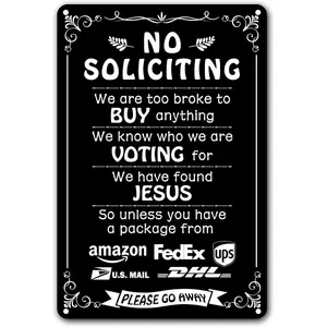 Humorous No Soliciting Sign for Front Door - Funny "We're Voting for Jesus" Metal Sign for House - Perfect Decorative Sign to Discourage Unwanted Visitors, 8 x 12 Inch