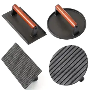 Double Size Cast Iron Crusher - Heavy-duty Bacon And Meat Patty Crusher, Equipped with Ergonomic Wooden Handle, Suitable for Barbecue/kitchen, Food Grade Pressing Tools, Keep Cool with Wooden Handle, Perfect Pattern for Barbecue Branding