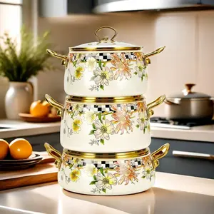 Flower Pattern Stockpot with Lid, 1 Count Multifunctional Cooking Pot with Handle, Kitchen Cookware for Stewing, Steaming, and Soup Making