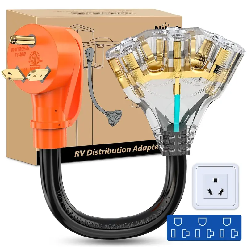 Nilight TT-30P-A NEMA TT-30P Male-to-Female RV Distribution Adapter Cord, ETL Listed, 3x15/20A 5-15R/5-20R Extension Sockets, Water-Resistant Outdoor Multi Plug, Flame-Retard PVC Jacket Resists Wear, Pure Copper High Power Socket, Campground RV Accessory