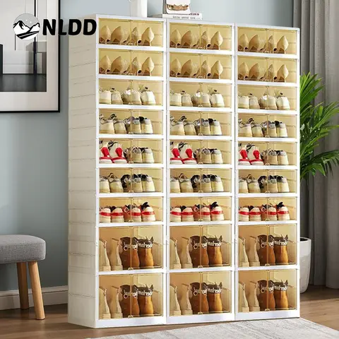 NLDD 9-Level Clear Shoe Rack Revolution: Collapsible-Expandable Organizer for 18 Pairs, Compact Closet Essential with Transparent Boxes, Wheels Springtok Plastic shoe rack organizer Cabinet Light