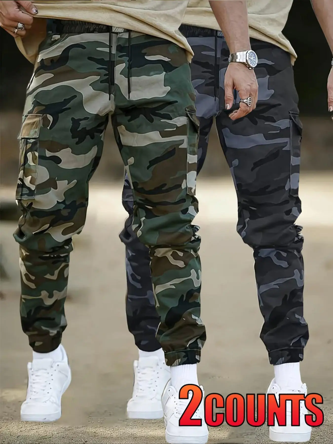 Men's Camo Print Patched Drawstring Waist Cargo Pants, 2 Counts Regular Fit Casual Pocket Trousers for Daily Outdoor Wear, Casual Pants, Men's Bottoms