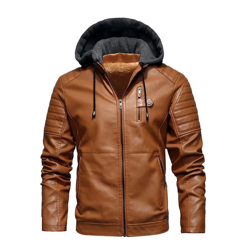 Men's Autumn Winter Fleece-Lined Hooded Leather Jacket Stylish Durable Young Men's Coat