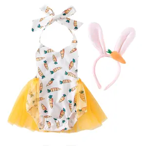 Imcute Infant Baby Girls Easter Halter Romper Carrot/Bunny Printed Sleeveless Tulle Jumpsuit with Rabbit Ear Headband