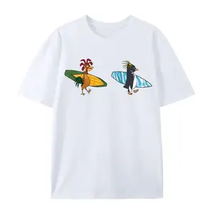 Surfing Penguin and Rooster Graphic Tee Unisex Summer Beach Cotton T-Shirt Retro Cartoon Style Surfboard Graphic Top Casual Vacation Streetwear Skate Aesthetic Tee Apparel