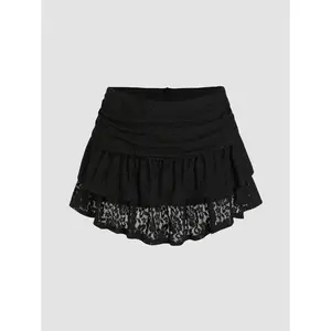 Stretchy Built-in Shorts Lace Mini Skirt, Cute Under Sweater Layered Skirt, Y2K Vintage Floral Ruched Hem