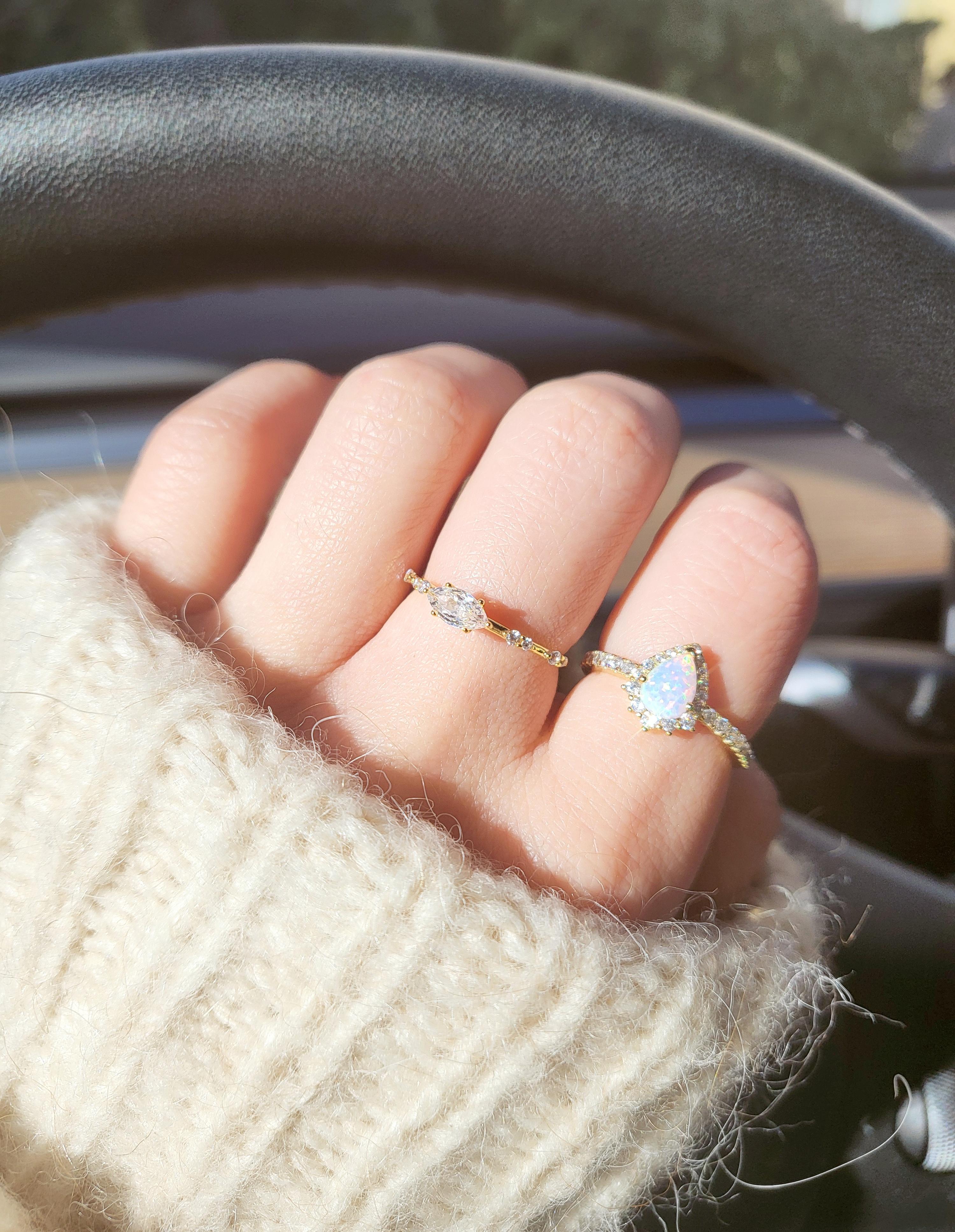 18K Gold Plated White Opal Eye-Catching Masterpiece Ring, Teardrop Style, 925 Sterling Silver