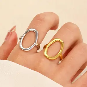 Stainless Steel Ring Openwork Geometric Oval Baroque Open Ring Versatile Simple Jewelry for Adults