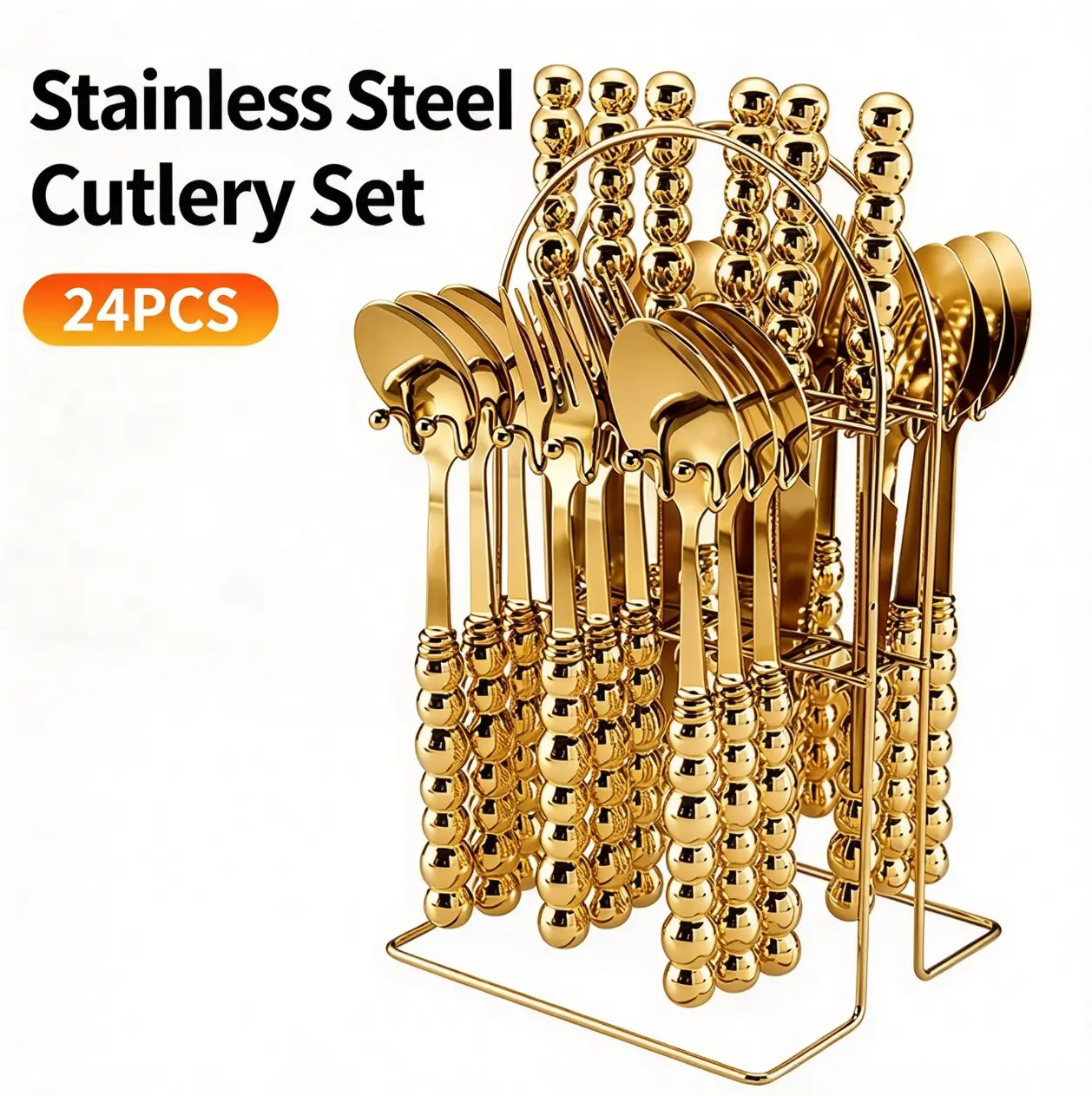 Stainless steel cutlery set, gold Western tableware – 24-piece gift box set with knife and fork holders