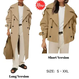 【 Spring Clothing 】 Women's oversized long/short windbreaker, long sleeved loose double breasted lapel windproof jacket with waistband, fashionable jacket, teacher's work office outlook, women's casual and elegant styleRAIMENTRY