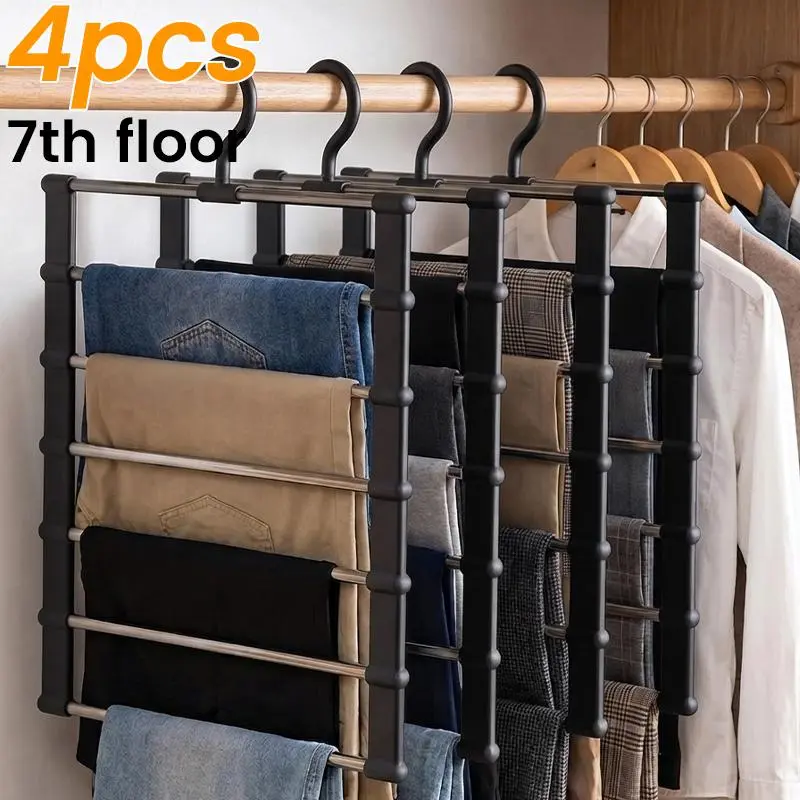 4pcs Foldable Multi-Tier Plastic Pants Hangers - Non-Slip Closet Organization System for Jeans, Leggings - Space-Saving Home Organizer Storage Racks,home decor