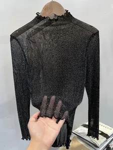 Women's High Neck Mesh Top, Long Sleeve, Slim-Fitting Casual Inner Layer, Spring & Fall Fashion, Micro-Transparent Design, Perfect for Daily Wear