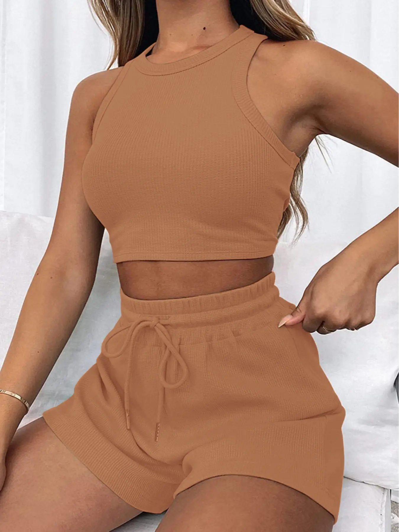 Women's 2 Counts Solid Waffle Textured Shorts Set, Round Neck Crop Tank Top & Drawstring Pocket Shorts, Two Piece Sets Summer, Ladies Clothes for All