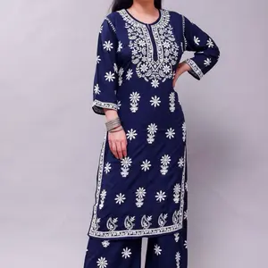 Rayon Lucknow Chikkan Work Plazzo Suits with Jaal Dupatta Designer Kurti Knee Length Elegant 3pcs Set for Women Dress Elegance Style Casual Wear