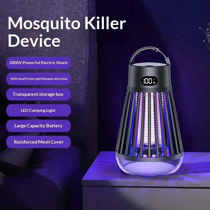 2-in-1 Rechargeable Electronic Mosquito Killer Bug Zapper Lantern - Shockproof, Waterproof, All-Protection, Indoor/Outdoor Light for Home, Camping (J3-Black)