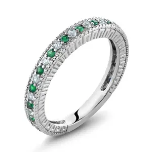 Green Simulated Emerald and White Created Sapphire Ring | 925 Silver | Anniversary Wedding Band Ring For Women | 0.48 Cttw | Wedding Engagement Anniversary Promise Ring