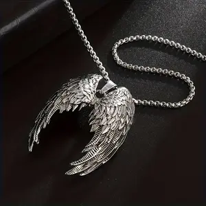 2025 New Vintage Silvery Angel Wings Pendant Necklace, Perfect Gift For Men Women