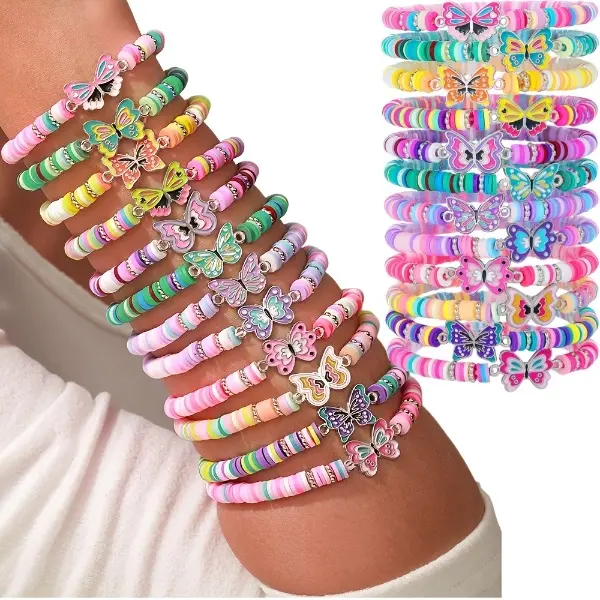 Bracelet Set, 24Pcs Colorful Butterfly Beaded Charm Bracelets for Women, Girly Polymer Clay Stacking Jewelry for Parties & Gifts, 18cm, Butterfly Beaded Charm Bracelets & Bangles