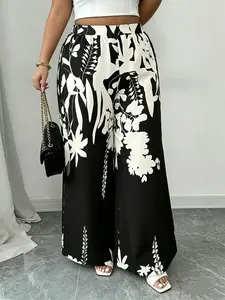 Plus Size Women High Waist Floral Print Wide Leg Pants, Casual Flowy Loose Long Pants, Vacation Daily Commute Streetwear