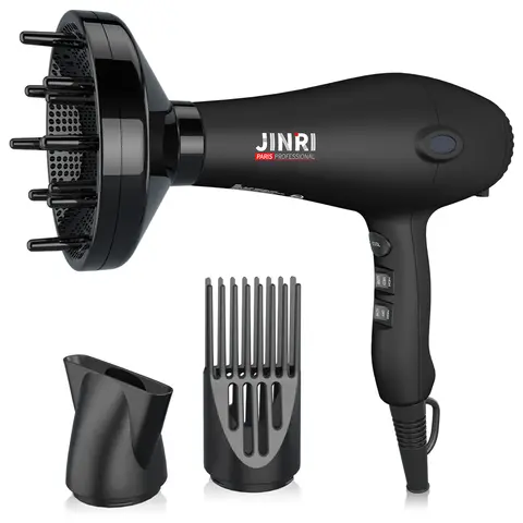 JINRI Professional Salon Grade 1875W Low Noise Multifunctional Powerful Ionic Ceramic AC Infrared Hair Dryer Styler with Hook, Ionizer, Heat Protection, Moisturizing Feature, Diffuser, Cord, Easy Blowout, Black (TikTok Shop Back to School), Multifunctiona