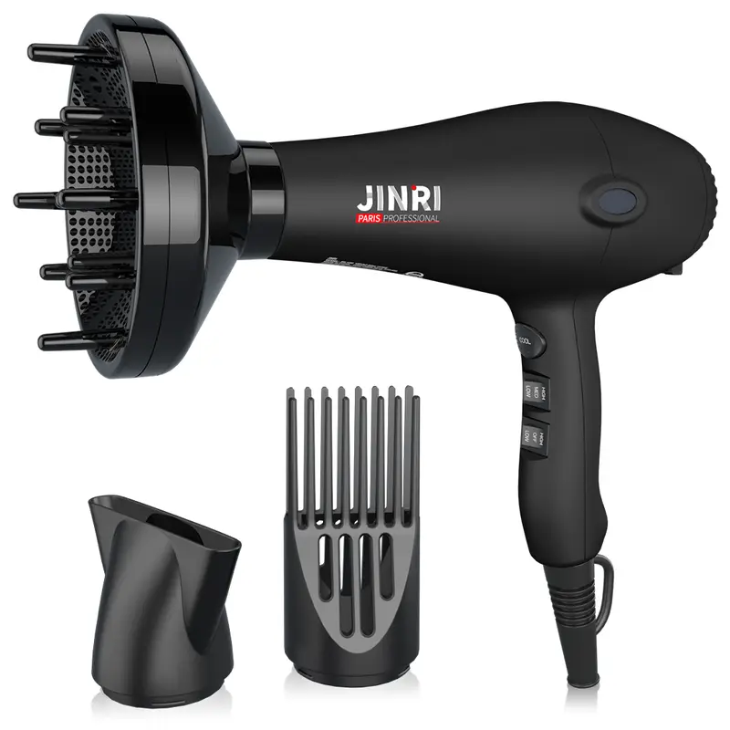 JINRI Professional Salon Grade 1875W Low Noise Multifunctional Powerful Ionic Ceramic AC Infrared Hair Dryer Styler with Hook, Ionizer, Heat Protection, Moisturizing Feature, Diffuser, Cord, Easy Blowout, Black (TikTok Shop Back to School), Multifunctiona