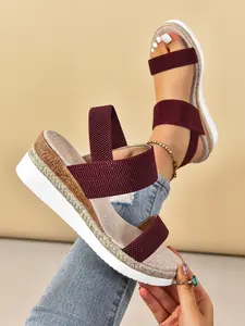 Women's Summer Fashion Wedge Sandals, Elastic Strap Fit, Jute Trim & Wood Grain Thick Sole, Comfortable Retro Style