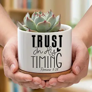 "Trust In His Timing" Religious Ceramic Succulent Planter with Bamboo Tray - Aesthetic Faith White Mini Pot Flower Gift for Her & Him - Decorative Flower Pot for Office Desk, Home Shelf & Bedroom Decor