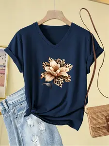 Women's V Neck Short Sleeve T-Shirt, Fit, Creative Floral Flower Print, Summer Casual Top, Fashionable Women's Clothing, All Seasons Wear