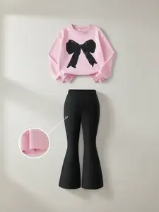 Teen Girls 2 Piece Bow Print Round Neck Sweatshirt & Bell Bottom Pants, Outdoor Sports Essential, Fall Winter Campus Wear, Fashion Style Sets, Casual Outfit Set