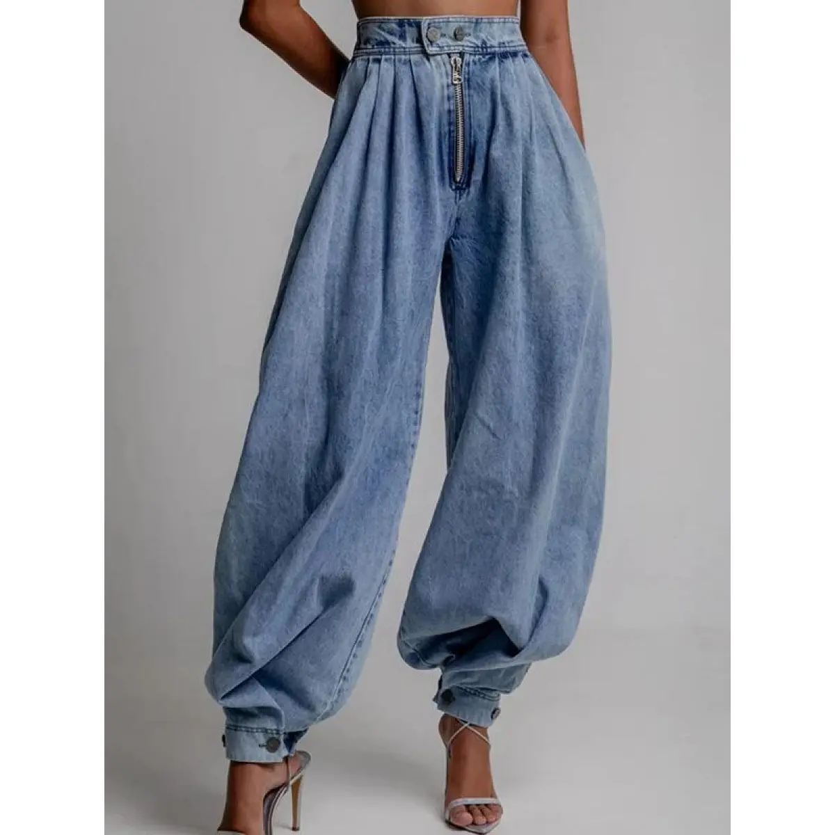 Women's High Waist Pleated Balloon Jeans Baggy Wide Leg Denim