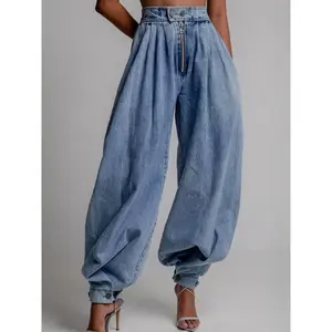Women's High Waist Pleated Balloon Jeans Baggy Wide Leg Denim Pants with Zip Front & Adjustable Cuffed Ankles Y2K Inspired Loose Fit All Seasons