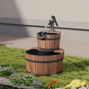 Aoxun 2-Tier Outdoor Water Fountain, Wood Barrel Design with Electric Hand Pump, Floor Standing Cascading Soothing Waterfall for Garden, Backyard, Patio, Porch（2 tier/3 tier） Astronaut Nebula Star holiday plants